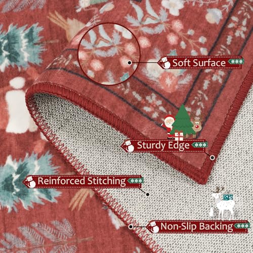 4x6 Christmas Area Rug with No-Slip Backing - Red Boho Holiday Rug for Living Room and Bedroom