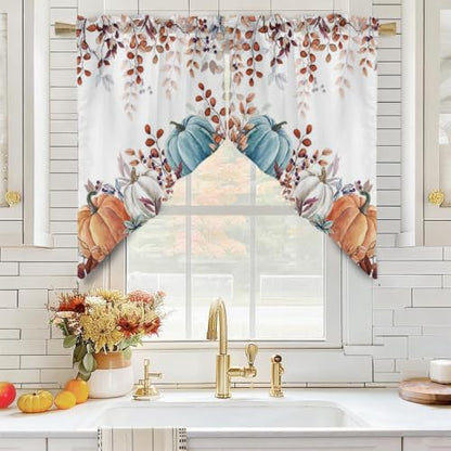 Blue Pumpkin Kitchen Valance Curtain Set - Leaf Pumpkin Pattern, 56W x 36L, Pack of 1 - Fall Decor