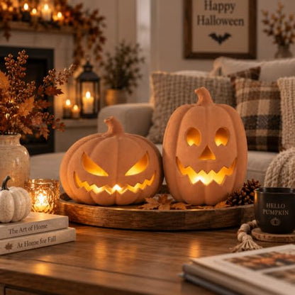 Orange Pumpkin Decor Set - 2 Terracotta Jack O Lanterns for Halloween Indoor & Outdoor