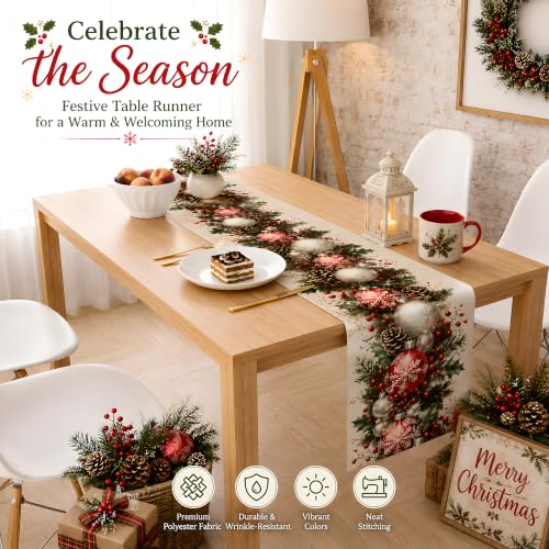 Christmas Decorations - Xmas Balls Snowflake Pine Cone Table Runner - Variation of Christmas Balls Snowflake