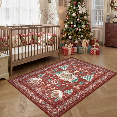 4x6 Christmas Area Rug with No-Slip Backing - Red Boho Holiday Rug for Living Room and Bedroom
