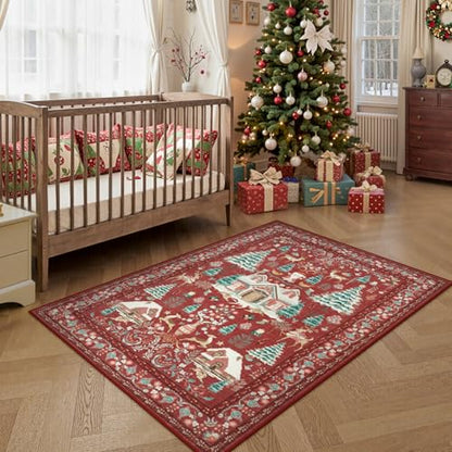 4x6 Christmas Area Rug with No-Slip Backing - Red Boho Holiday Rug for Living Room and Bedroom