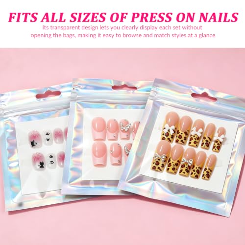 Medium Holographic Nail Packaging Bags Set with Double-Sided Tape and Cardboard - 50 Pieces