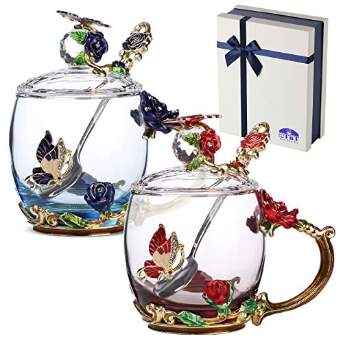 Glass Tea Cups Set with Lids and Spoons - 11 oz, Handmade, Gift Box