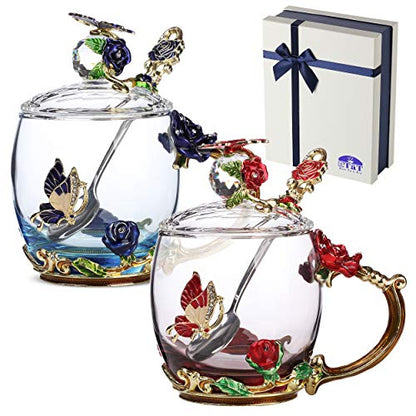 Glass Tea Cups Set with Lids and Spoons - 11 oz, Handmade, Gift Box