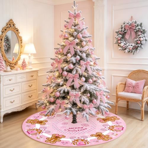 Pink Gingerbread Christmas Tree Skirt 48 Inch Holiday Decor for 6-7.5FT Tree