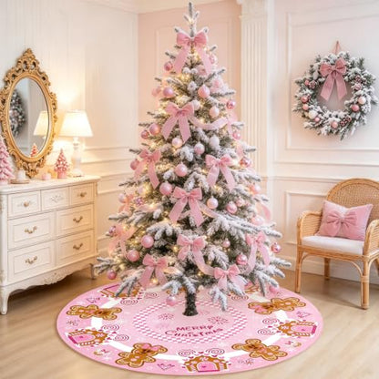 Pink Gingerbread Christmas Tree Skirt 48 Inch Holiday Decor for 6-7.5FT Tree