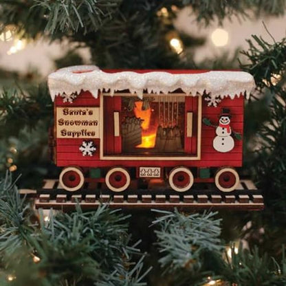 Wooden Christmas Snowman Box Car Ornament with Light - Holiday Village Decor