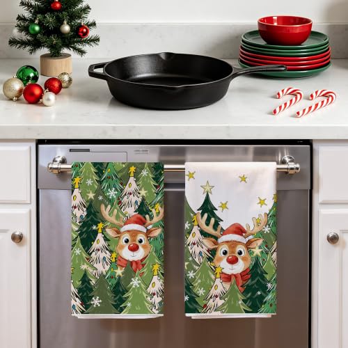 Green Christmas Kitchen Towels Deer Design 18x28 Inches - Holiday Dish Towels