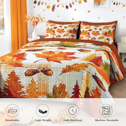 Queen Fall Quilt Set with Pillow Shams - Autumn Leaves Bedding, 3 Pieces
