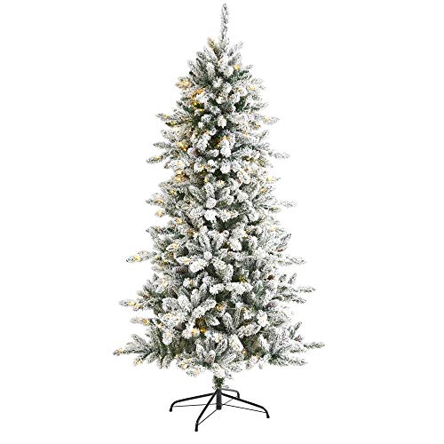 Nearly Natural 6ft 6in Flocked Livingstone Fir Artificial Christmas Tree with Pine Cones & Warm LED Lights