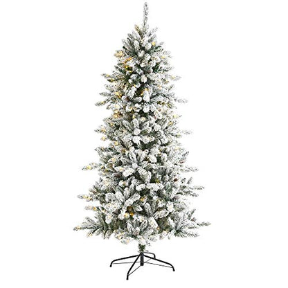 Nearly Natural 6ft 6in Flocked Livingstone Fir Artificial Christmas Tree with Pine Cones & Warm LED Lights