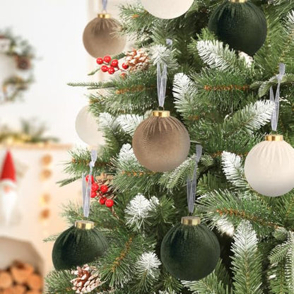 Velvet Christmas Ornaments Set - 15 Green & Brown Fabric Balls, 3.15 Inch - Holiday Decor