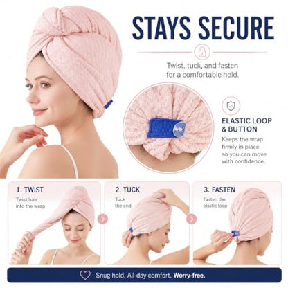 Microfiber Hair Towel Wrap for Women - Quick-Drying, Soft Absorbent Turban with Elastic Button Loop, Lightweight for Wet, Long, Curly & Thick Hair, Blush Pink