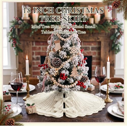 Small Knitted Christmas Tree Skirt - 18 Inch Vintage Farmhouse White