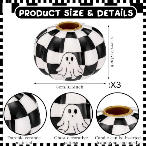 Halloween Black and White Checkerboard Candle Holders Set - Ghost & Pumpkin Design