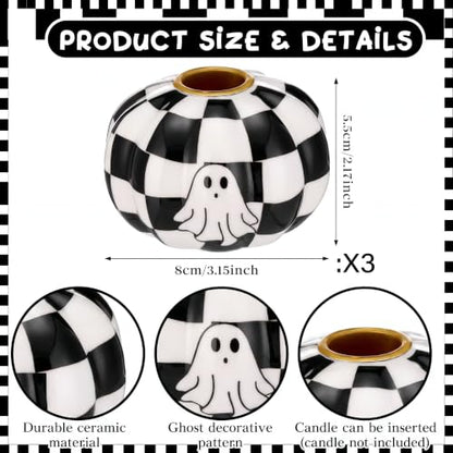 Halloween Black and White Checkerboard Candle Holders Set - Ghost & Pumpkin Design