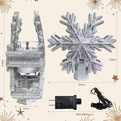 Lighted Snowflake Tree Topper with Rotating Projection for Christmas