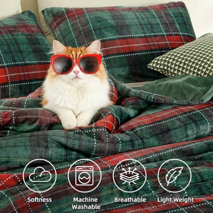 King Comforter Set Green Plaid Flannel 3 Pieces - Christmas Bedding