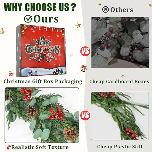 6FT Christmas Garland with Lights - Artificial Pine Cypress Eucalyptus & Red Berries, Style 2