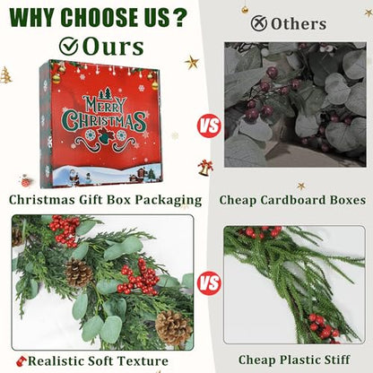 6FT Christmas Garland with Lights - Artificial Pine Cypress Eucalyptus & Red Berries, Style 2