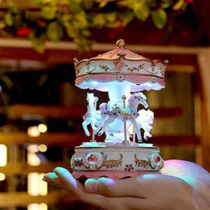 Pink Carousel Music Box for Girls, Rotating Horses with LED Light, 5.9 in