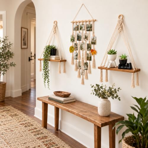 6-Piece Boho Wall Decor Set with Macrame Shelves and Fake Plants