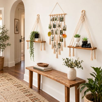 6-Piece Boho Wall Decor Set with Macrame Shelves and Fake Plants