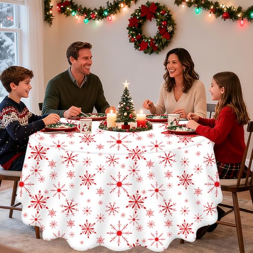 12 Pack Christmas Snowflake Tablecloths - Red & White, 80 Inch Round Plastic Holiday Table Cover - Winter Party Decor