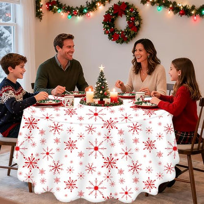 12 Pack Christmas Snowflake Tablecloths - Red & White, 80 Inch Round Plastic Holiday Table Cover - Winter Party Decor