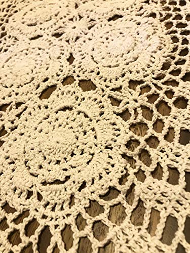 Beige Handmade Cotton Crochet Doilies Table Runner - 16 x 35 Inches - Oval Lace Decor