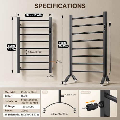 Electric Heated Towel Rack for Bathroom 8 Bars Black - Fast & Safe