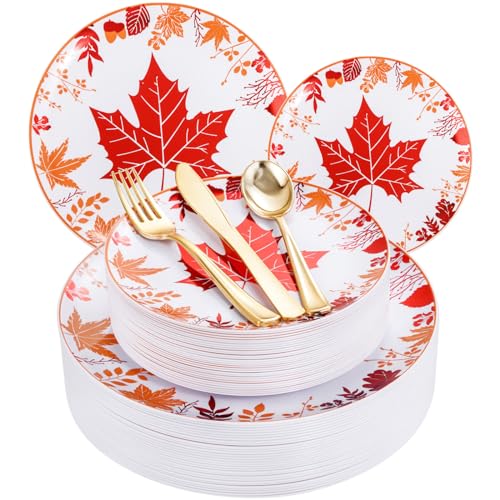 Thanksgiving Plastic Plates Set - Red Orange Round Style for Fall Parties, 30 Dinner & Dessert Plates with Gold Cutlery