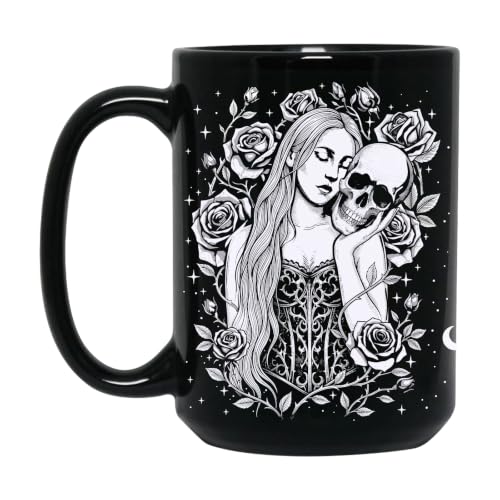 Black Skull Mug 15oz - Gothic Halloween Coffee Cup for Women, Spooky Gift