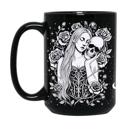 Black Skull Mug 15oz - Gothic Halloween Coffee Cup for Women, Spooky Gift