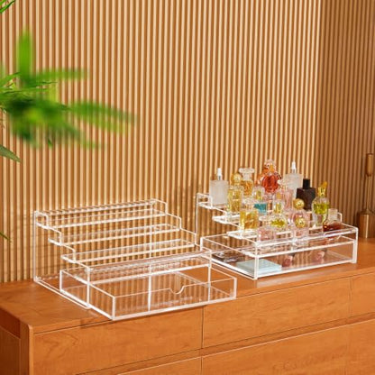 4-Tier Clear Acrylic Perfume Organizer with Drawer and Vanity Stand