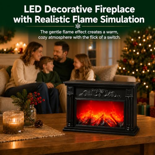 Black LED Fireplace with Flame Effect, Decorative Electric Fire Lamp