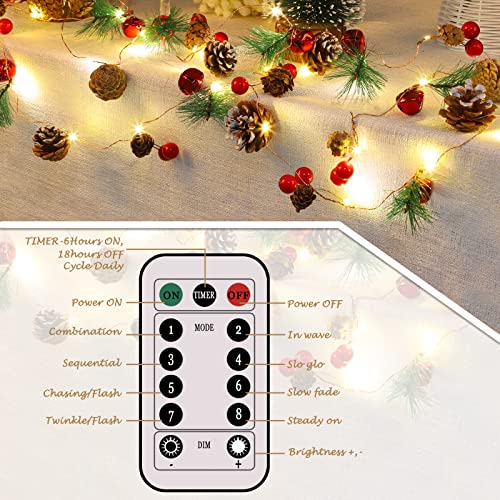 10 Ft Christmas Garland with Lights Pine Cones Berries & Bells Indoor Decor