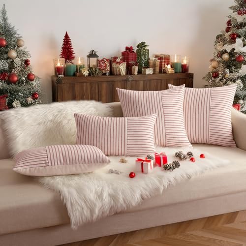 Christmas Pillow Covers 20x20 Set of 2 Red and Cream Striped Linen Decorative Cushion Covers for Couch Bedroom Holiday Decor - Variation of Red / 20" x 20"