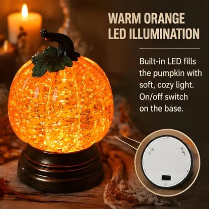 Glitter Lighted Pumpkin Snow Globe - 2PCS Halloween Fall Decor with Warm Orange LED