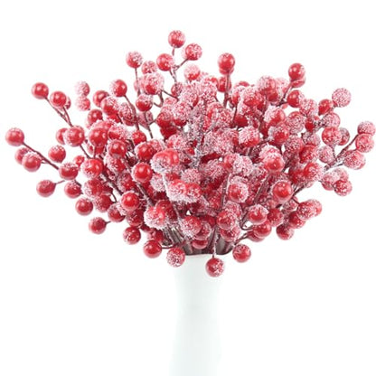 30 Pack Frosted Red Berry Stems for Christmas Decor and Crafts - 8.9 Inch