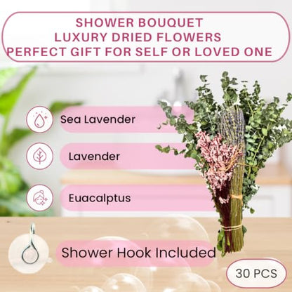 Preserved Dried Floral Shower Bouquet with Lavender & Eucalyptus - Aromatherapy Bathroom Decor