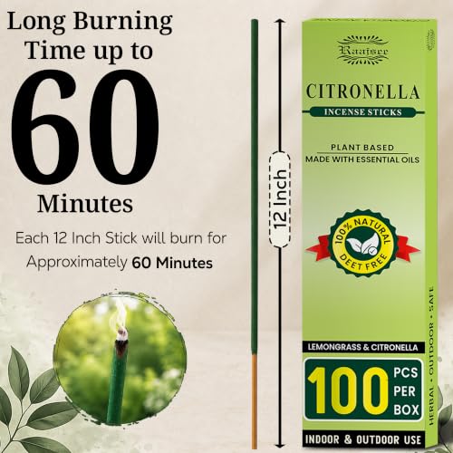 Natural Citronella Incense Sticks - Outdoor Aromatic Burners, 100 Count