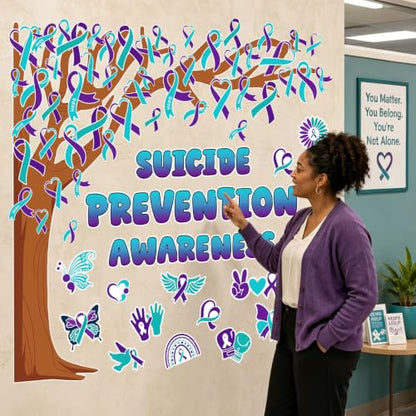 Suicide Prevention Awareness Bulletin Board Decor Set with Tree & Ribbon Cutouts