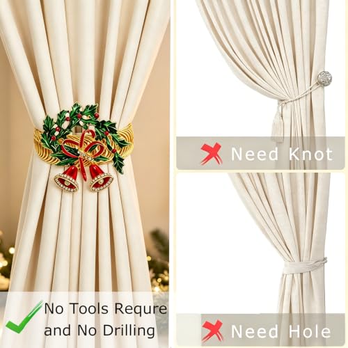 Christmas Holly Curtain Tiebacks with Jingle Bells - 2 Pack