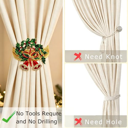 Christmas Holly Curtain Tiebacks with Jingle Bells - 2 Pack
