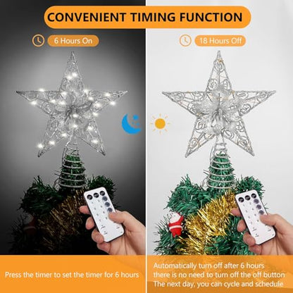 Verdenu Silver Christmas Star Tree Topper Lighted Battery Operated with Remote