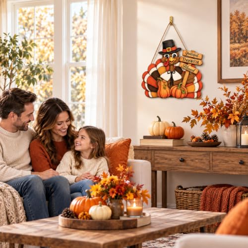 Thanksgiving Turkey Wood Sign - Thankful Pumpkin Front Door Wreath Decor