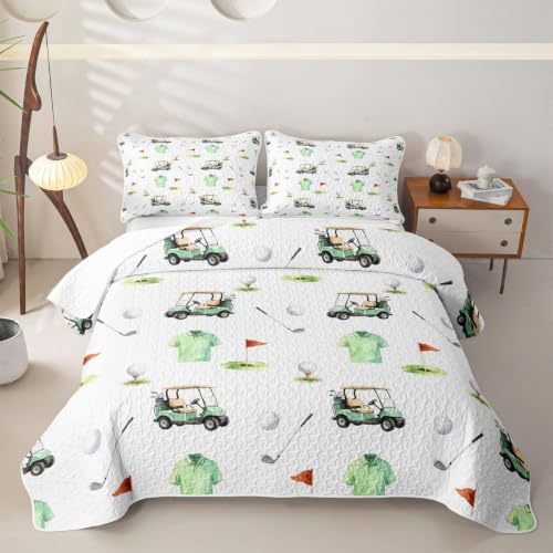 Full Bed Golf Quilt Set with Pillowcases - White Green, 3 Pieces