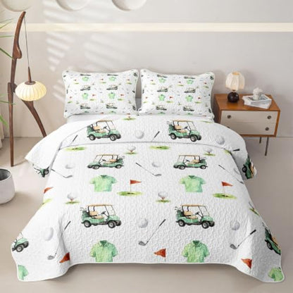 Full Bed Golf Quilt Set with Pillowcases - White Green, 3 Pieces